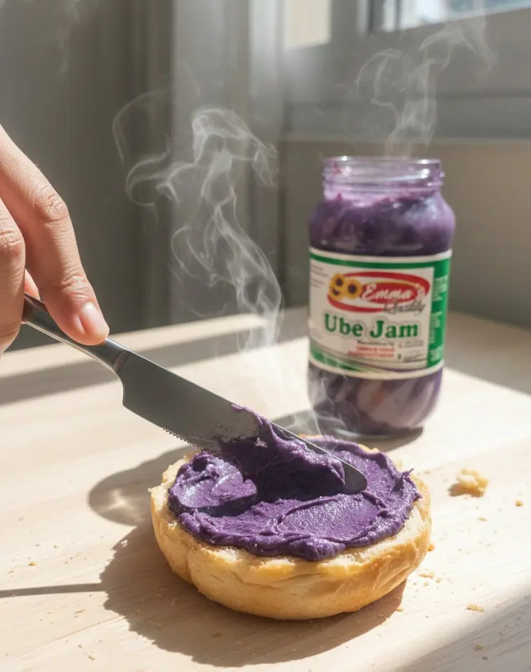 Fresh ube jam spread on bread